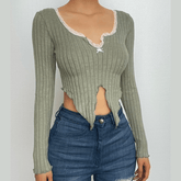 Textured lace hem contrast long sleeve notch neck slit crop top
