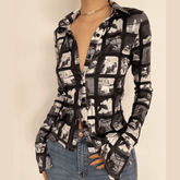 Turnover collar buttoned flared long sleeve print top