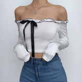 Long sleeve off shoulder bowknot ruffle self tie solid crop top