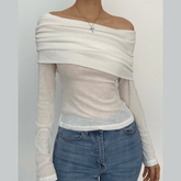 Long sleeve solid off shoulder backless top