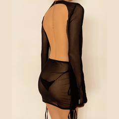 Open back sheer mesh long sleeve ruched skirt set