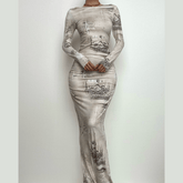 Contrast print ruched long sleeve maxi dress