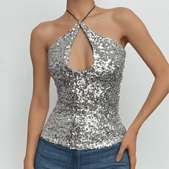 Cross front halter self tie glitter hollow out backless top