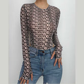 Long sleeve round neck contrast print sheer mesh gloves bodysuit