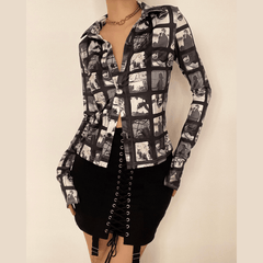 Turnover collar buttoned flared long sleeve print top