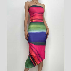 Contrast irregular backless tube midi dress