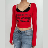 Letter print contrast long sleeve 2 piece crop top