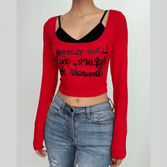 Letter print contrast long sleeve 2 piece crop top