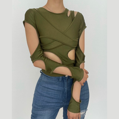 Long sleeve solid hollow out irregular crop top