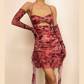 Flower print contrast gloves buckle ruched halter backless ruffle mini dress