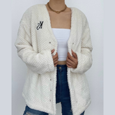 Fluffy embroidery long sleeve lace up self tie coat