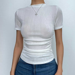 Solid short sleeve crewneck ruched top