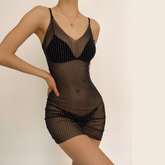 Beaded V neck sheer mesh see through mini dress