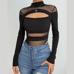 Mesh patchwork hollow out long sleeve high neck bodysuit
