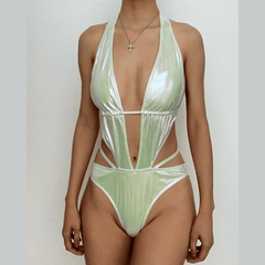 Metallic solid hollow out halter self tie padded one piece swimwear