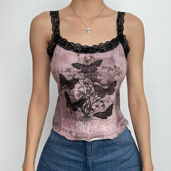 Butterfly pattern lace hem backless contrast top