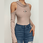 Ribbed star applique hoodie off shoulder long sleeve bodysuit