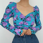 Ruched rose pattern print long sleeve puff sleeve square neck crop top
