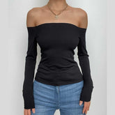 Off shoulder long sleeve ribbed solid top