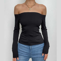 Off shoulder long sleeve ribbed solid top