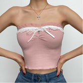 Textured lace hem backless ruffle contrast tube crop top