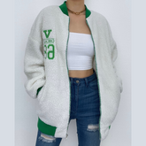 Fluffy embroidery contrast zip-up long sleeve coat