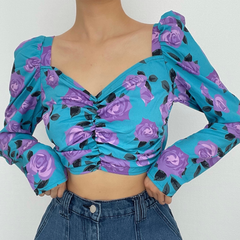 Ruched rose pattern print long sleeve puff sleeve square neck crop top