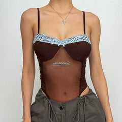 Mesh lace hem embroidery contrast cami bodysuit