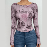 Flower print contrast round neck long sleeve top
