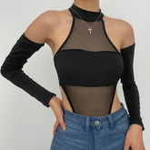 Sleeveless mesh see through gloves button gloves bodysuit