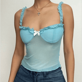 Sweetheart neck mesh bowknot backless ruffle lace hem cami top