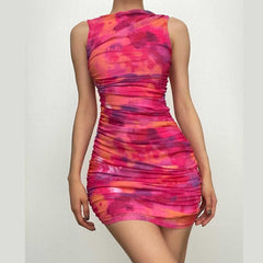 Ruched tie dye sleeveless crewneck mesh mini dress - Final Sale