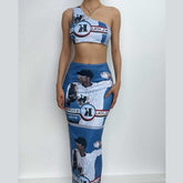 One shoulder irregular sleeveless contrast print slit maxi skirt set
