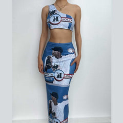 One shoulder irregular sleeveless contrast print slit maxi skirt set