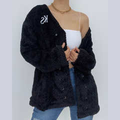 Fluffy embroidery long sleeve lace up self tie coat