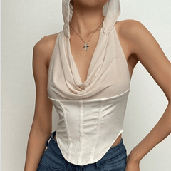 Corset solid hoodie cowl neck backless sleeveless top