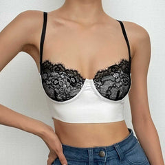 Lace patchwork backless low cut contrast cami crop top