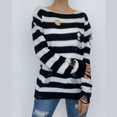 Crochet hollow out long sleeve striped top - Final Sale