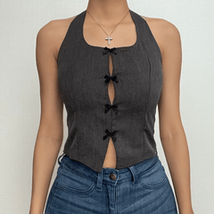 Halter bowknot slit backless zip-up sleeveless crop top