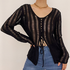 Solid long sleeve knitted slit lace up self tie top