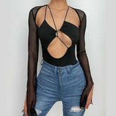 Mesh long sleeve hollow out bodysuit