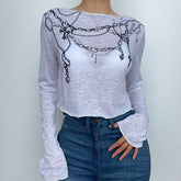 Long sleeve round neck ruffle contrast print see through crop top