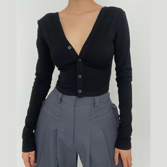 V neck button backless lace up back long sleeve crop top