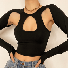 Long sleeve hollow out gloves solid crop top