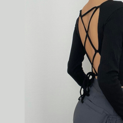 V neck button backless lace up back long sleeve crop top