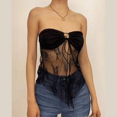 Sweetheart neck solid lace hem backless lace up tube top