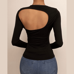 Solid long sleeve backless crewneck top