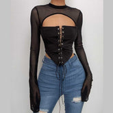 Lace up flared sleeve crewneck corset hollow out backless top
