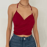 V neck cross front solid crop top