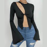 Hollow out irregular long flared sleeve slit solid top